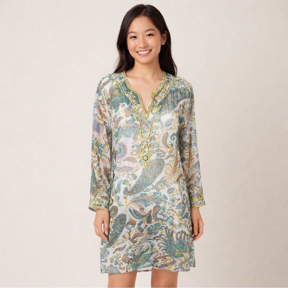 Raj Multicolor Green Paisley Silk Chiffon Sheet Tunic Beaded Dress Women Sz M